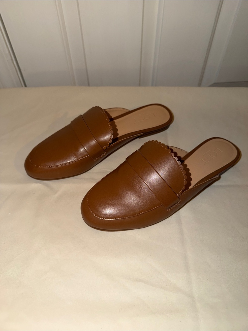 LOFT Outlet Scalloped Penny Slip-On Mules in Cognac Brown